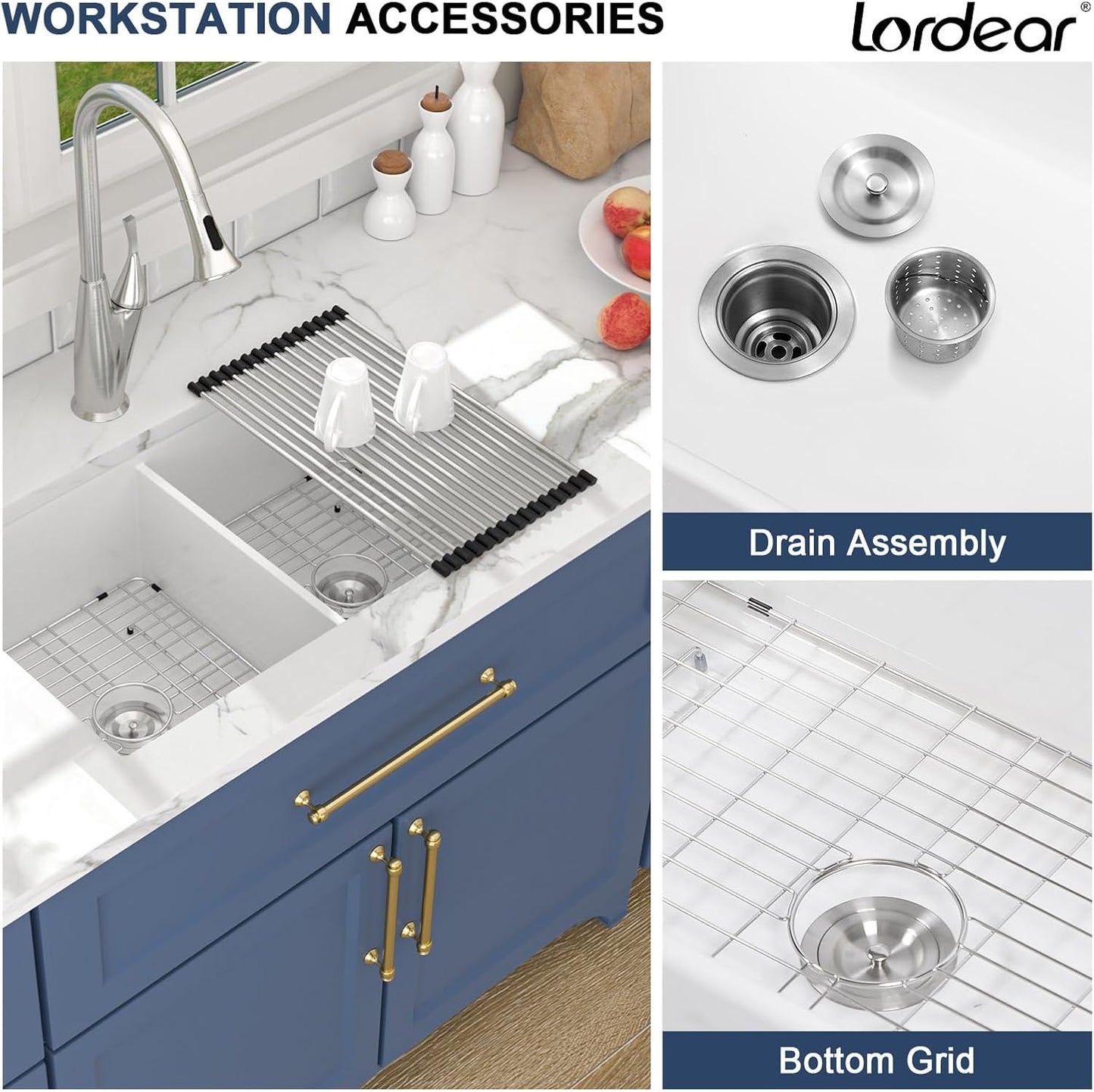 Lordear 32"x19" White Fireclay Porcelain Ceramic 50/50 Double Bowl Undermount Kitchen Sink from Lordear
