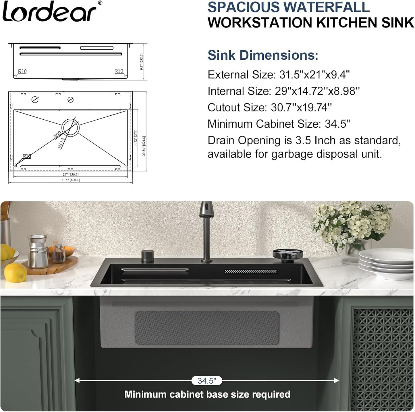 Lordear 31 Drop Kitchen Sink with Faucet Combo - 31''x20'' Waterfall Kitchen Sink Workstation Gunmetal 16 Gauge Single Bowl Topmount Handmade Sinks with Pull Out Faucet from Lordear
