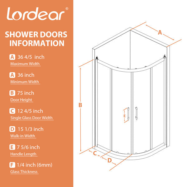 75in Height Frameless Neo-Round Shower Door Bathroom Double Sliding Glass Door 1/4 in. Glass Door from Lordear