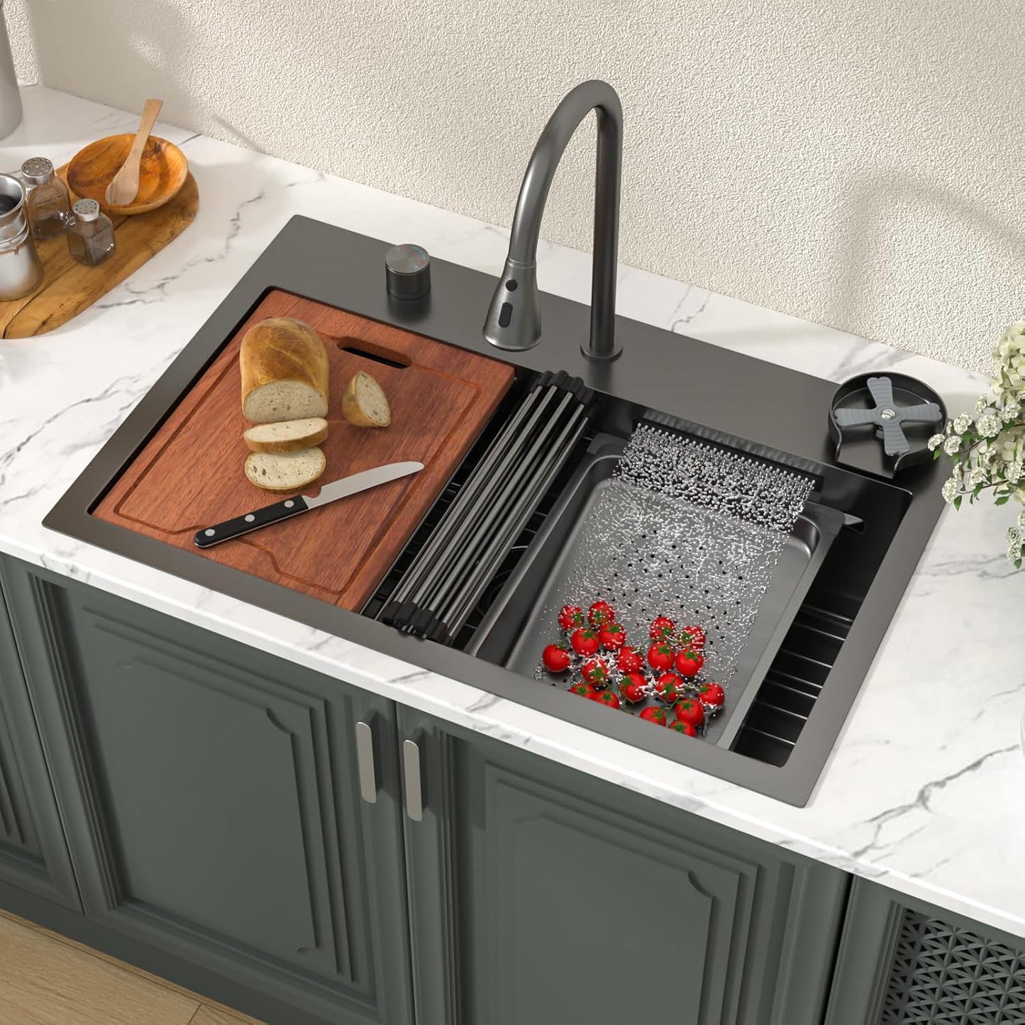 Lordear 31 Drop Kitchen Sink with Faucet Combo - 31''x20'' Waterfall Kitchen Sink Workstation Gunmetal 16 Gauge Single Bowl Topmount Handmade Sinks with Pull Out Faucet from Lordear