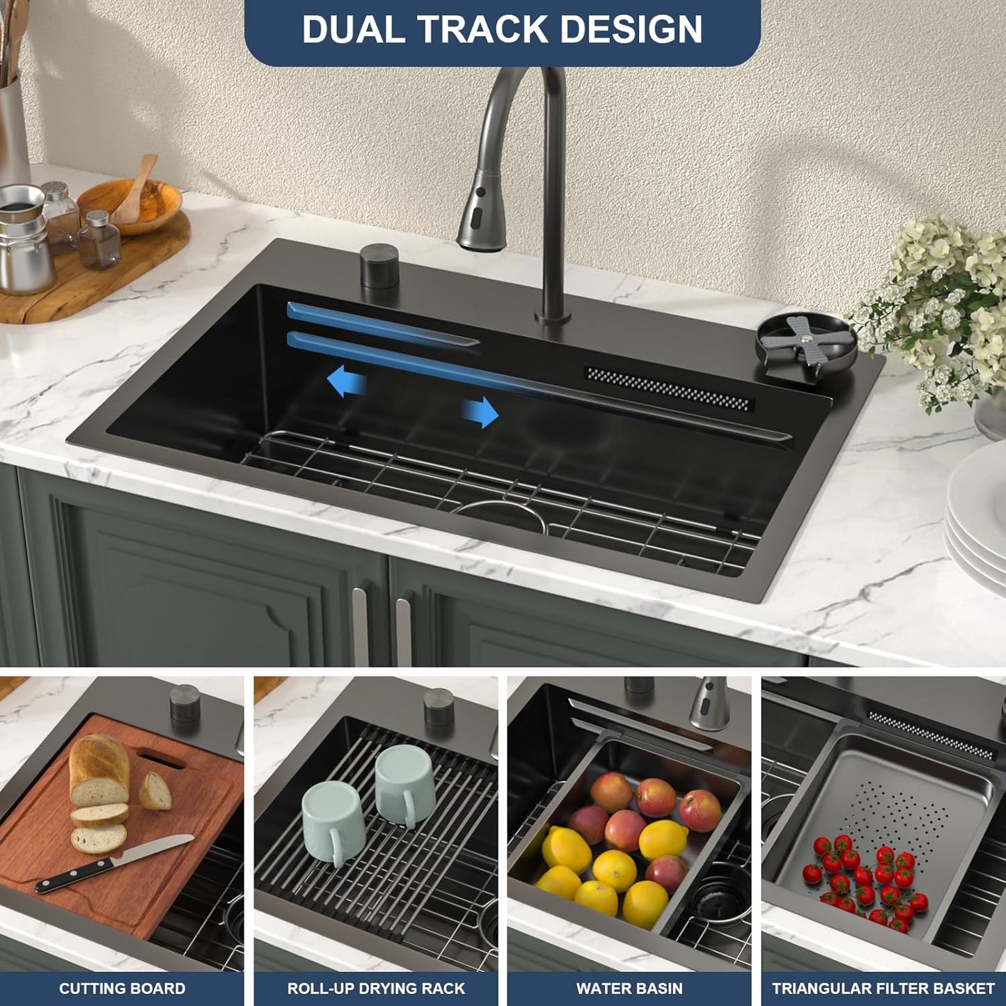 Lordear 31 Drop Kitchen Sink with Faucet Combo - 31''x20'' Waterfall Kitchen Sink Workstation Gunmetal 16 Gauge Single Bowl Topmount Handmade Sinks with Pull Out Faucet from Lordear