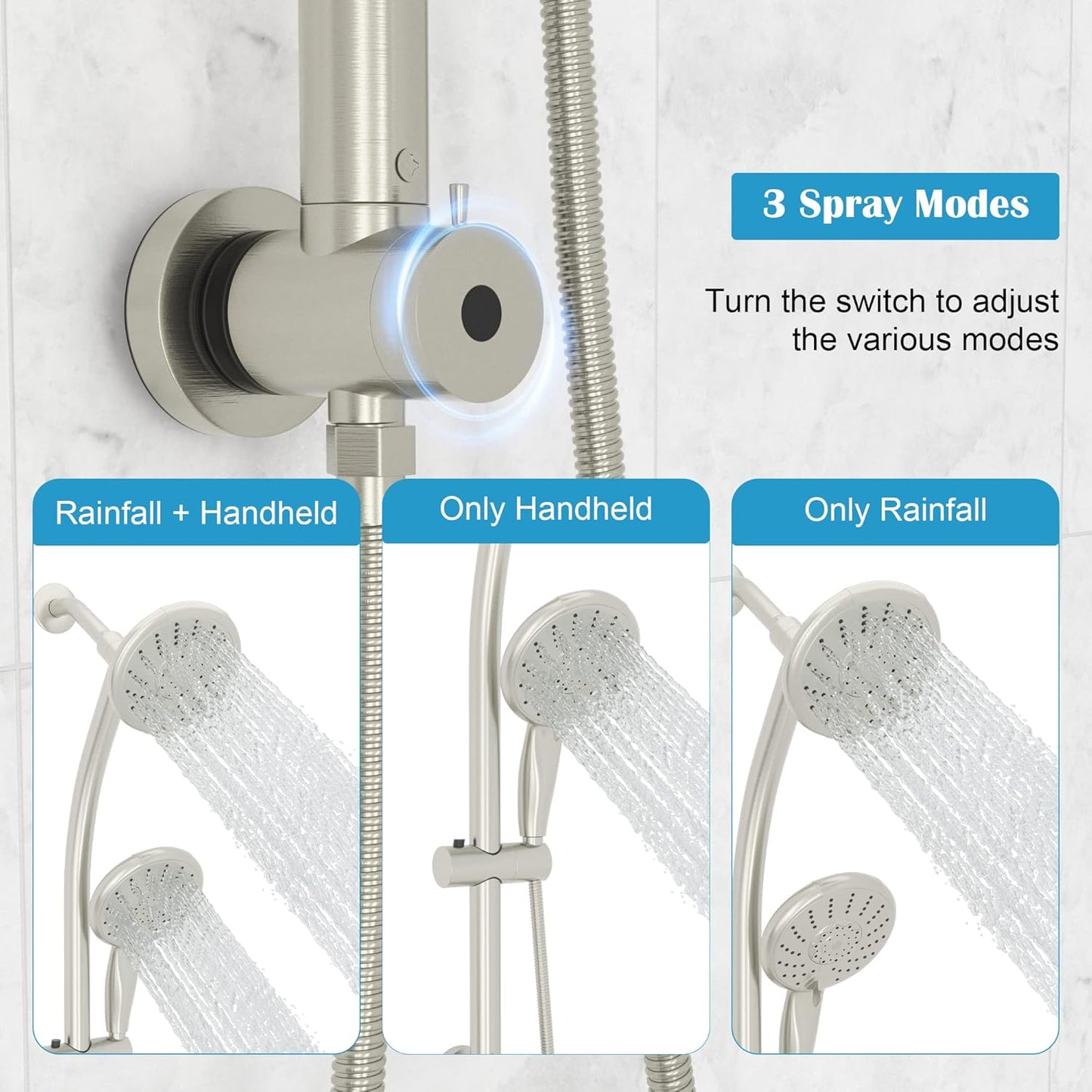 Lordear Rain Shower Head Combo with Handheld Spray 5-Setting Dual Rain Hotel Spa Shower System 3-Way Diverter Adjustable Sliding Bar Brushed Nickel from Lordear