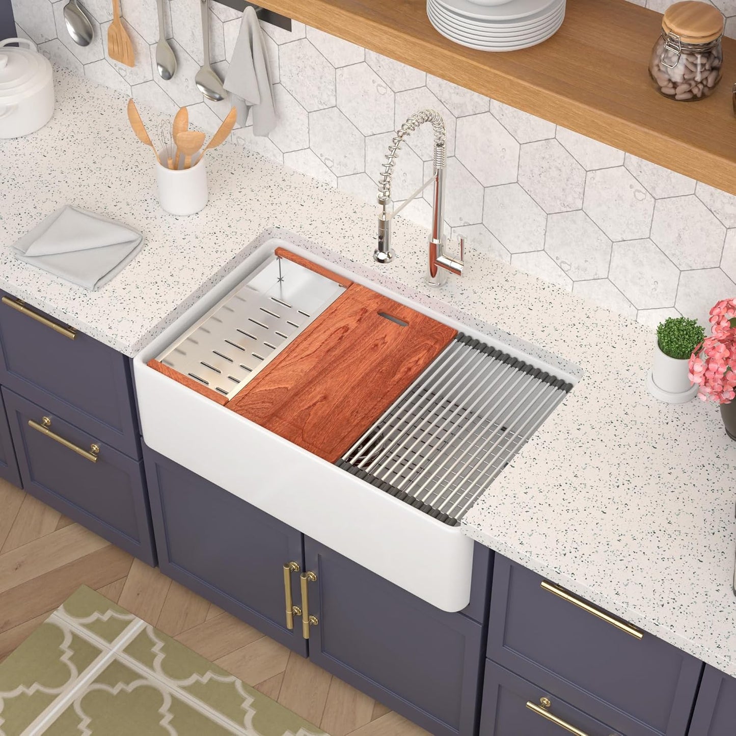 Lordear 33" White Ceramic Apron Front Farmhouse Workstation Kitchen Sinks from Lordear