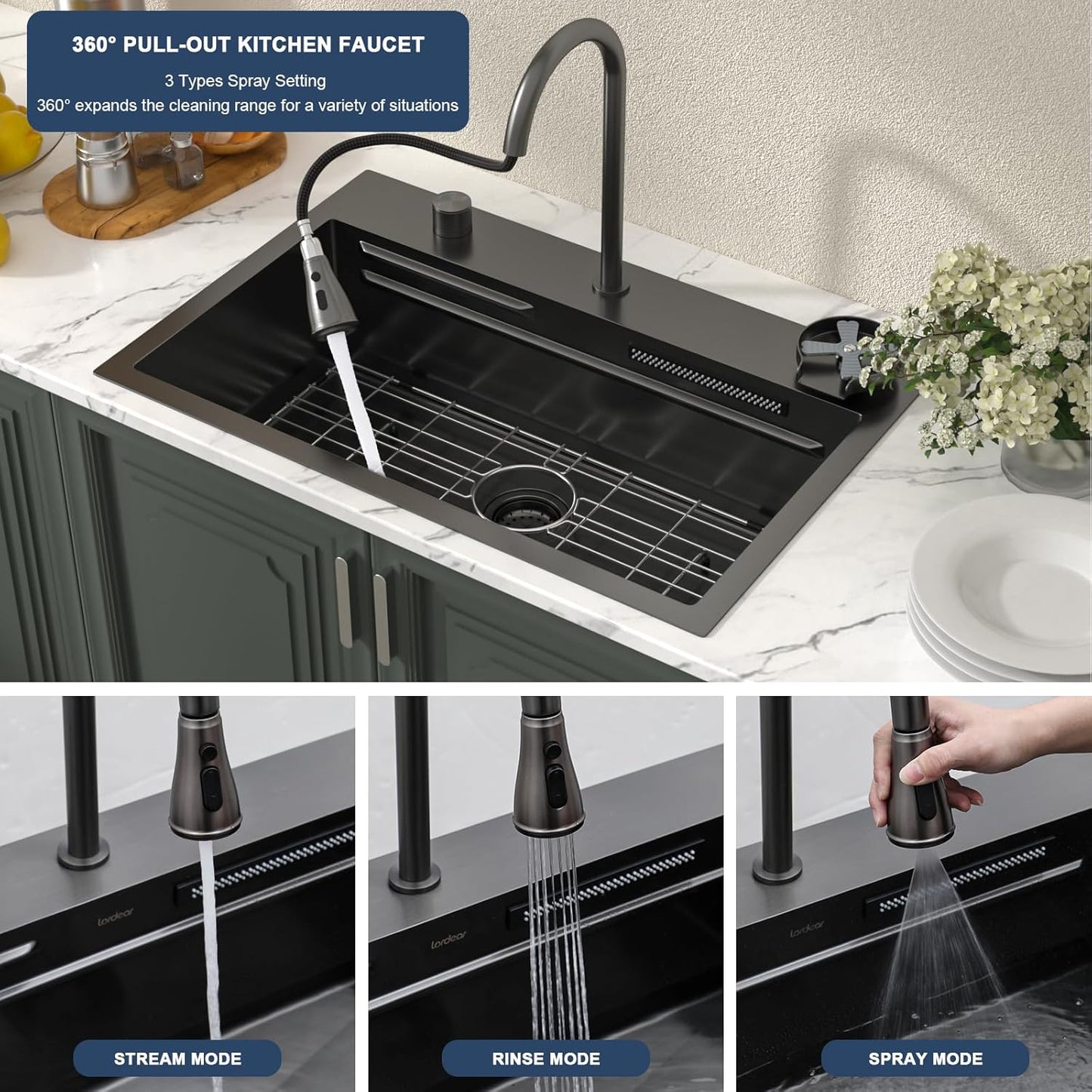 Lordear 31 Drop Kitchen Sink with Faucet Combo - 31''x20'' Waterfall Kitchen Sink Workstation Gunmetal 16 Gauge Single Bowl Topmount Handmade Sinks with Pull Out Faucet from Lordear