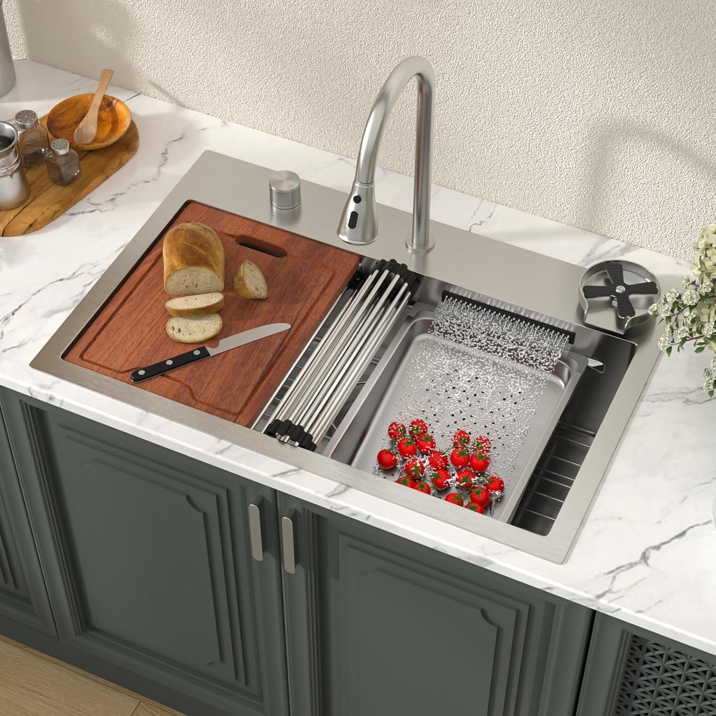 Lordear 31 Drop Kitchen Sink with Faucet Combo - 31''x20'' Waterfall Kitchen Sink Workstation Gunmetal 16 Gauge Single Bowl Topmount Handmade Sinks with Pull Out Faucet from Lordear