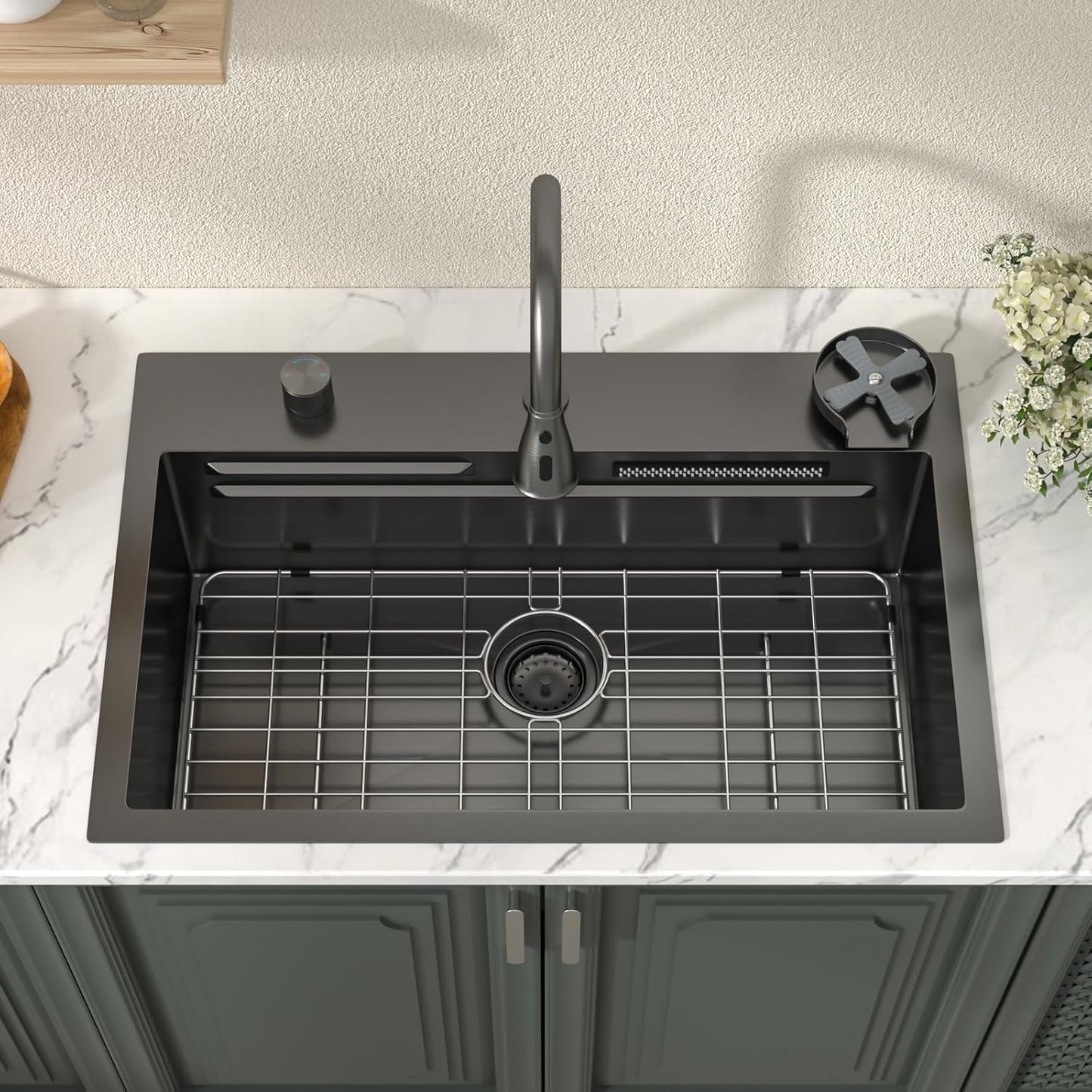 Lordear 31 Drop Kitchen Sink with Faucet Combo - 31''x20'' Waterfall Kitchen Sink Workstation Gunmetal 16 Gauge Single Bowl Topmount Handmade Sinks with Pull Out Faucet from Lordear