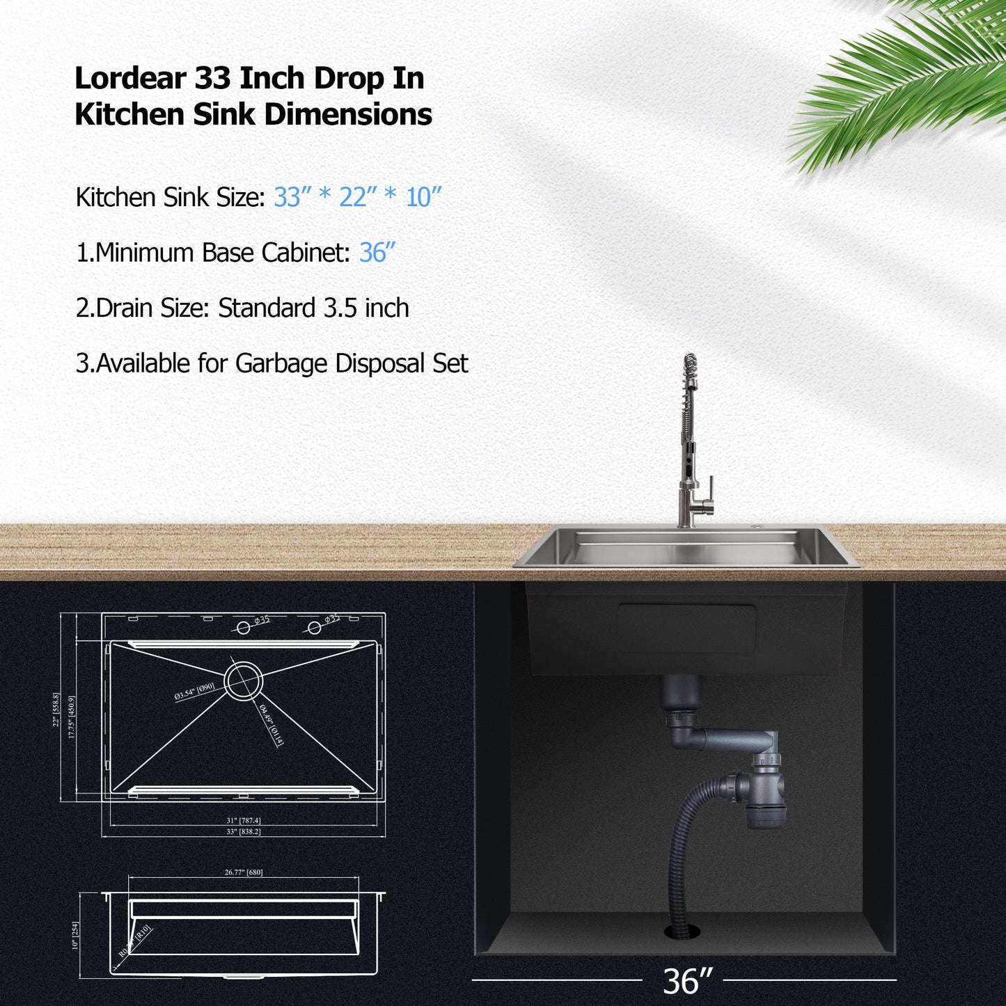 Lordear 33x22 Inch Drop In Patent Double Ledges Design Workstation Sink from Lordear