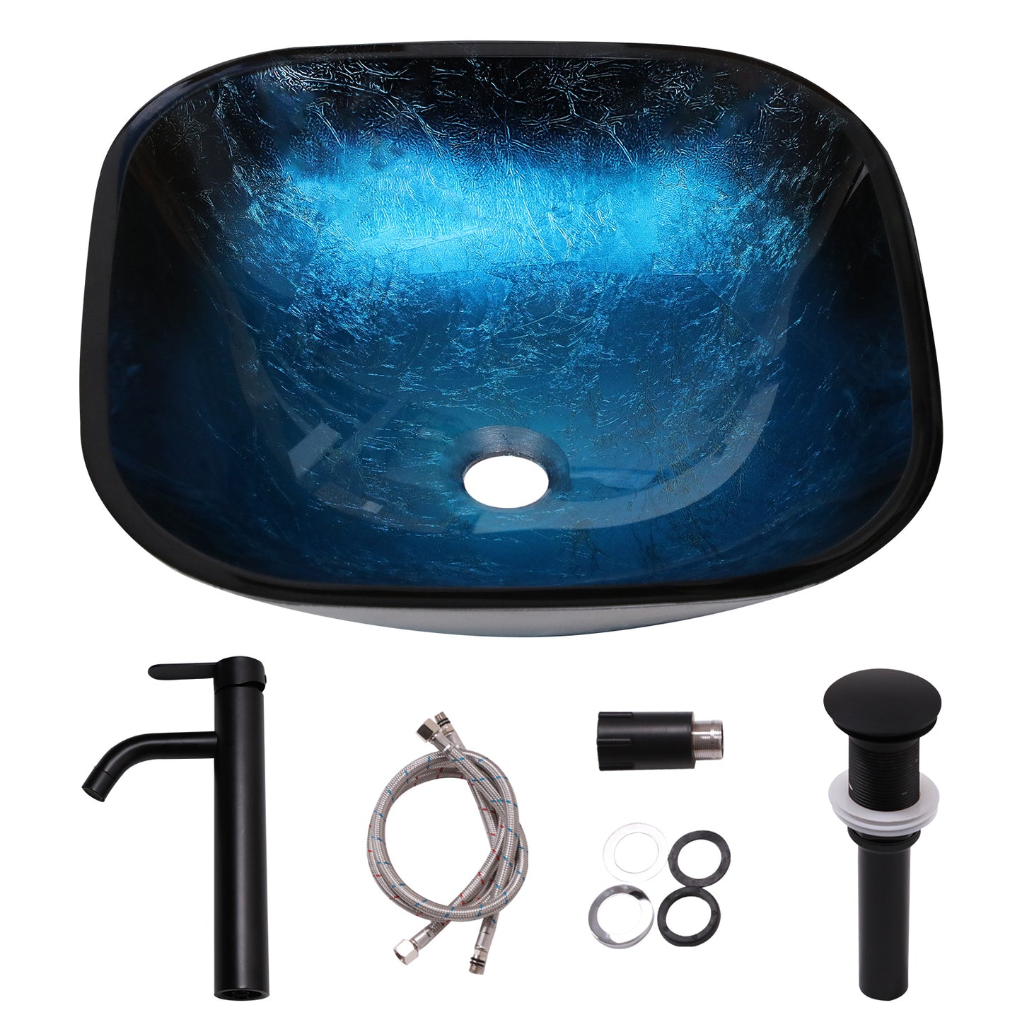 Lordear 16" L x 16" W Tempered Glass Blue Vessel Bathroom Sink with Pop-up Drain from Lordear