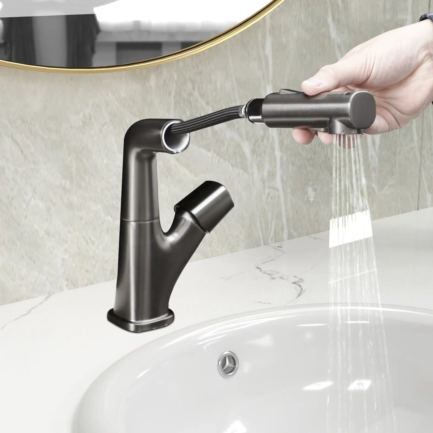Bathroom Faucet with Pull Down Sprayer Stainless Steel Bathroom Pull Out Faucet with 3 Modes 360¡ã Rotating to Switch Mode-Gunmetal Black from Lordear