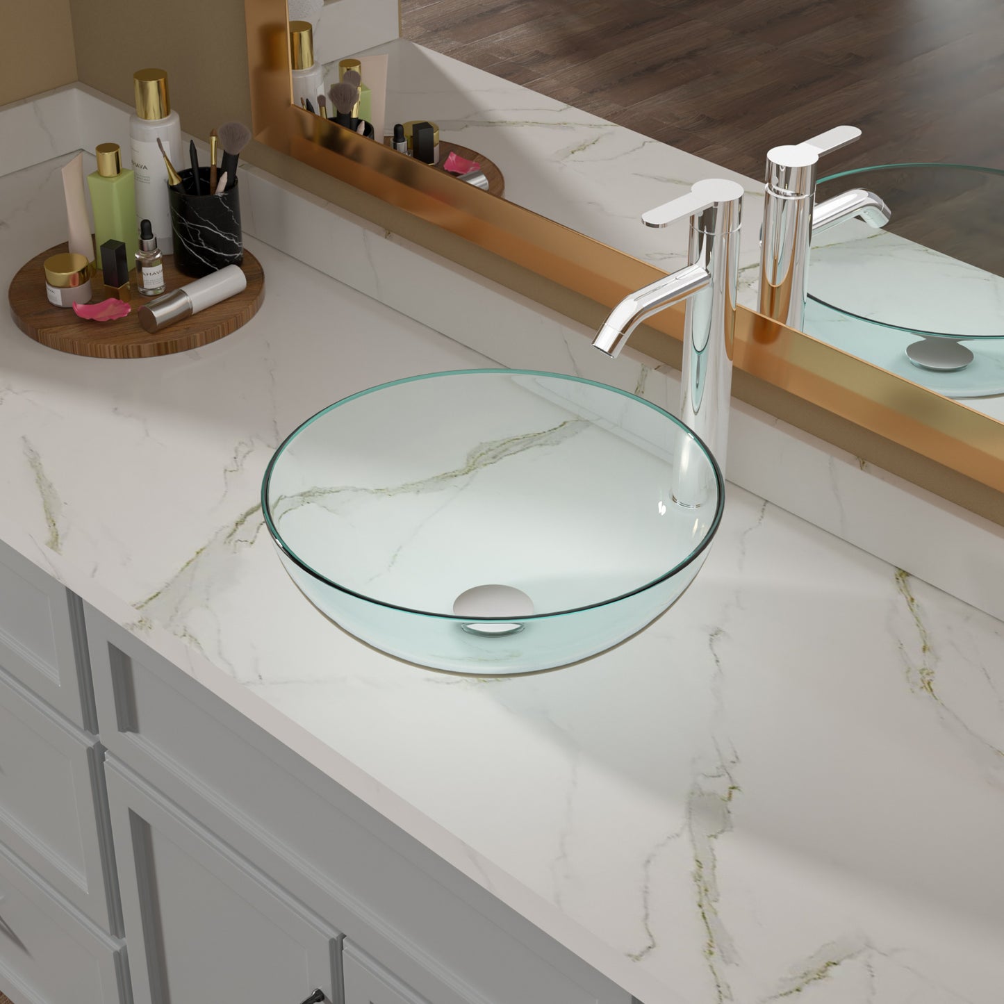 Lordear 14" x 14" Clear Tempered Glass Vessel Bathroom Sink with Pop-up Drain from Lordear
