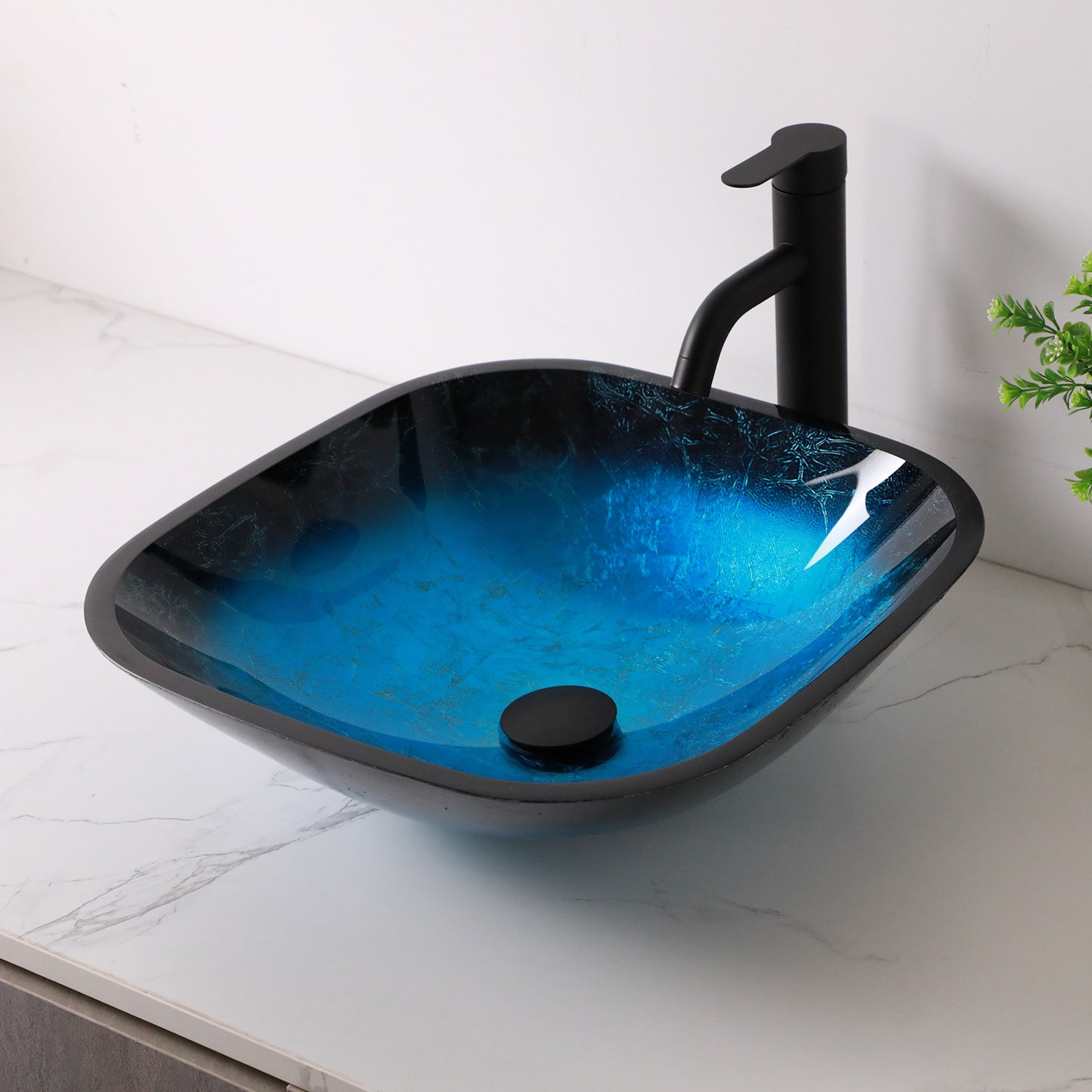 Lordear 16" L x 16" W Tempered Glass Blue Vessel Bathroom Sink with Pop-up Drain from Lordear