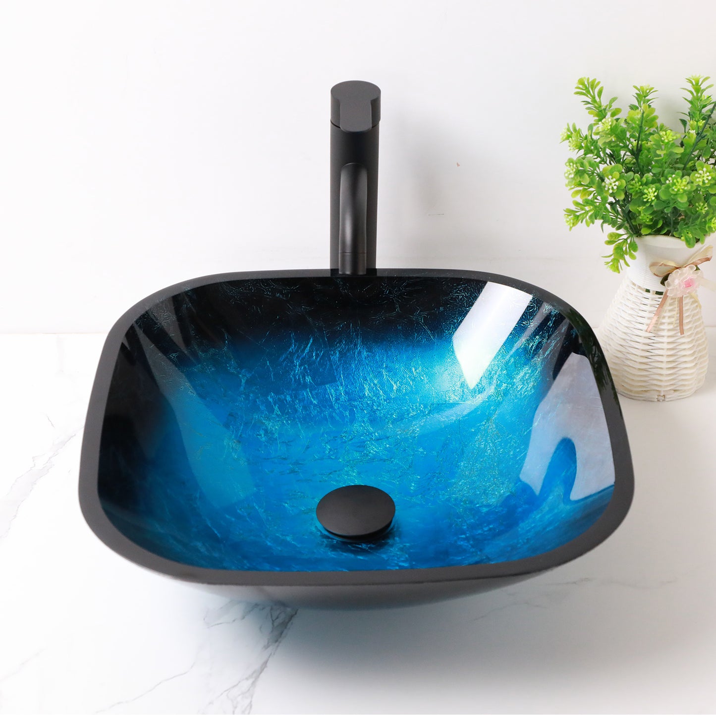 Lordear 16" L x 16" W Tempered Glass Blue Vessel Bathroom Sink with Pop-up Drain from Lordear