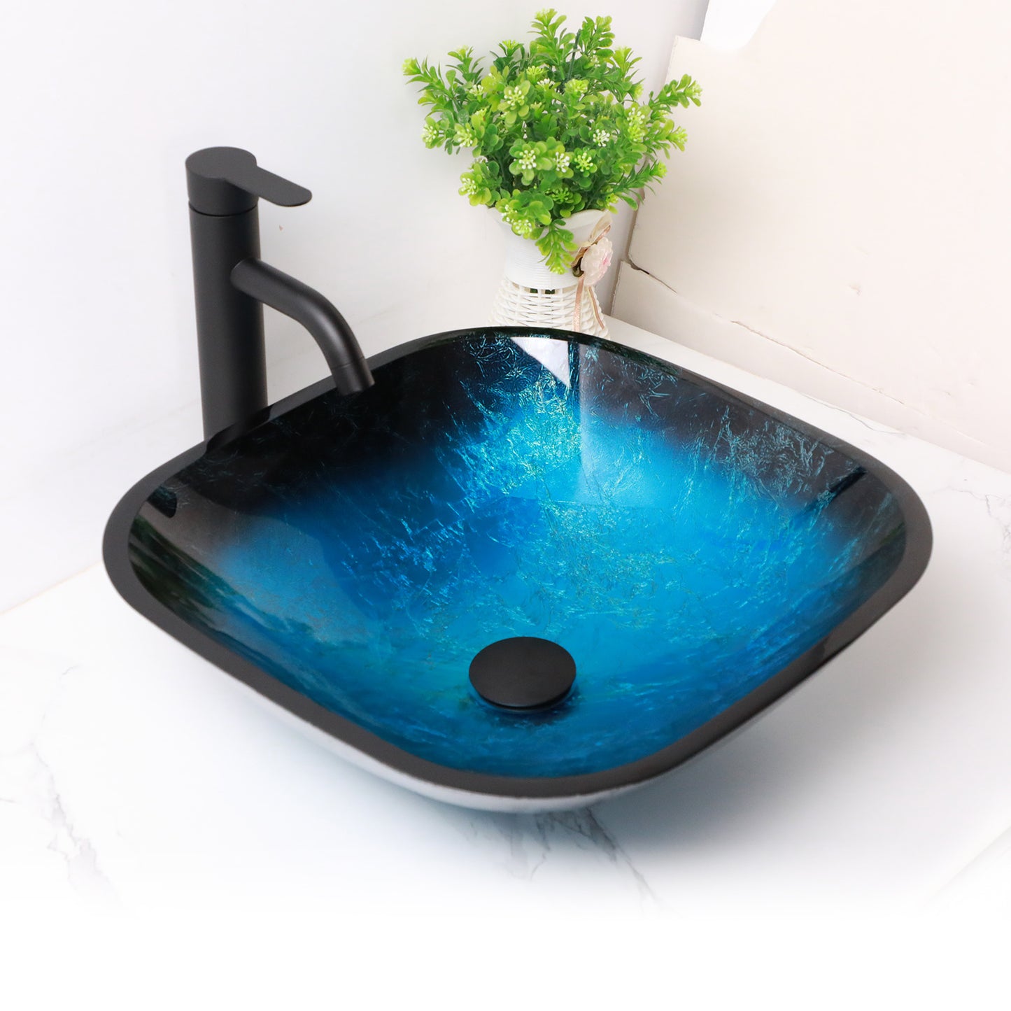 Lordear 16" L x 16" W Tempered Glass Blue Vessel Bathroom Sink with Pop-up Drain from Lordear