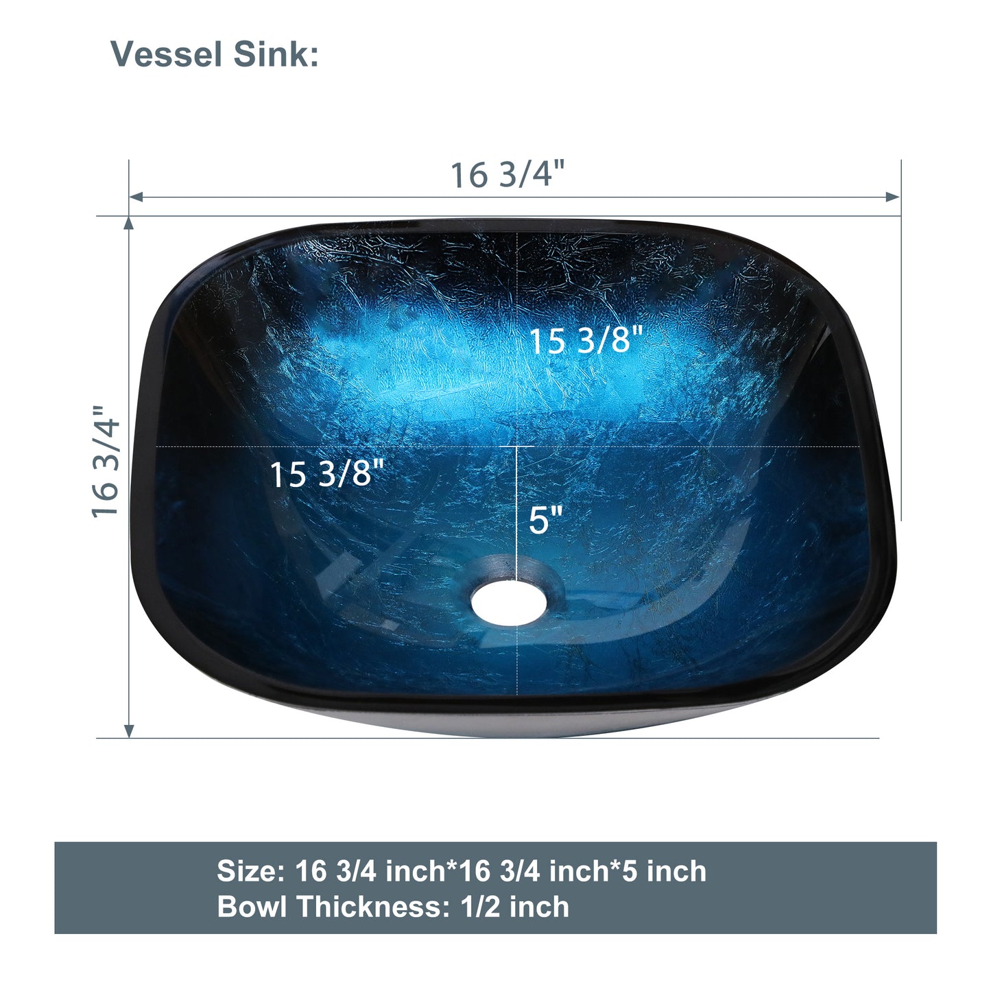 Lordear 16" L x 16" W Tempered Glass Blue Vessel Bathroom Sink with Pop-up Drain from Lordear