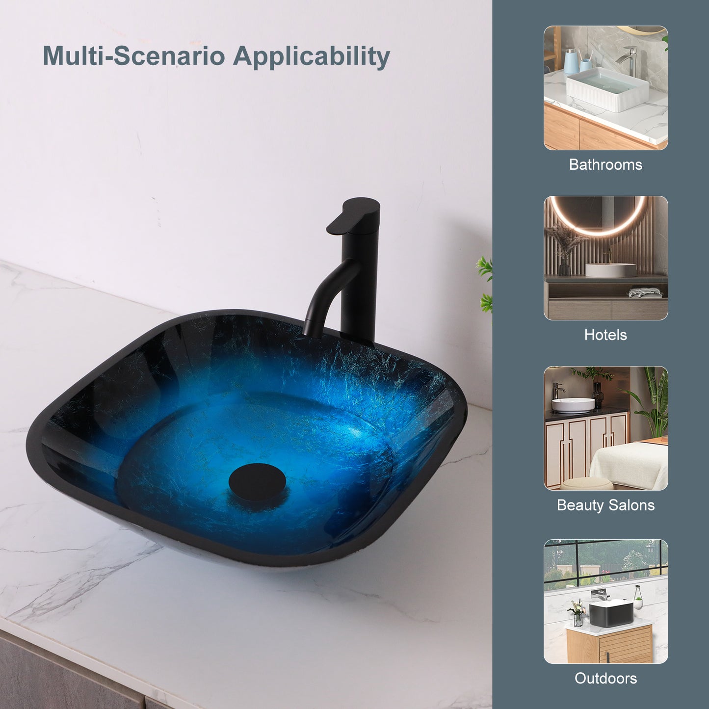 Lordear 16" L x 16" W Tempered Glass Blue Vessel Bathroom Sink with Pop-up Drain from Lordear