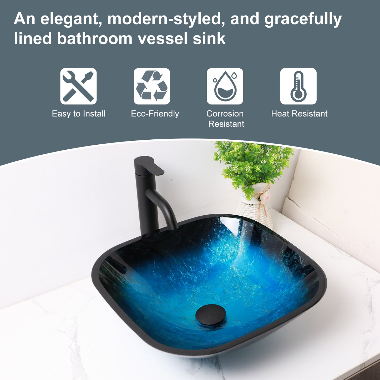 Lordear 16" L x 16" W Tempered Glass Blue Vessel Bathroom Sink with Pop-up Drain from Lordear