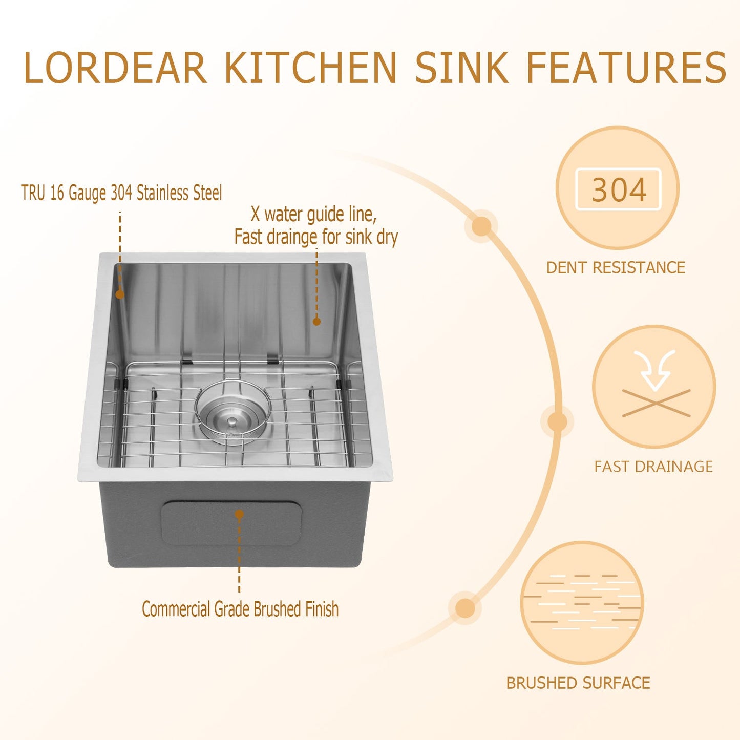 Lordear 15x17 Inch Undermount Sink Bar Sink 16 Gauge Stainless Steel Bar Prep Sink R10 Tight Radius Deep Single Bowl Sink from Lordear
