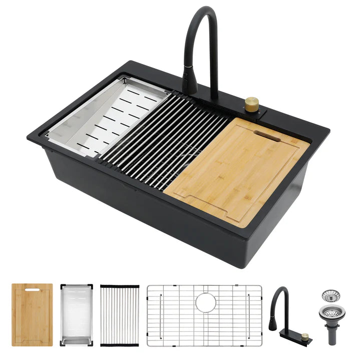Lordear 33" × 22" Quartz Drop-in Waterfall Single Bowl Workstation Kitchen Sink from Lordear