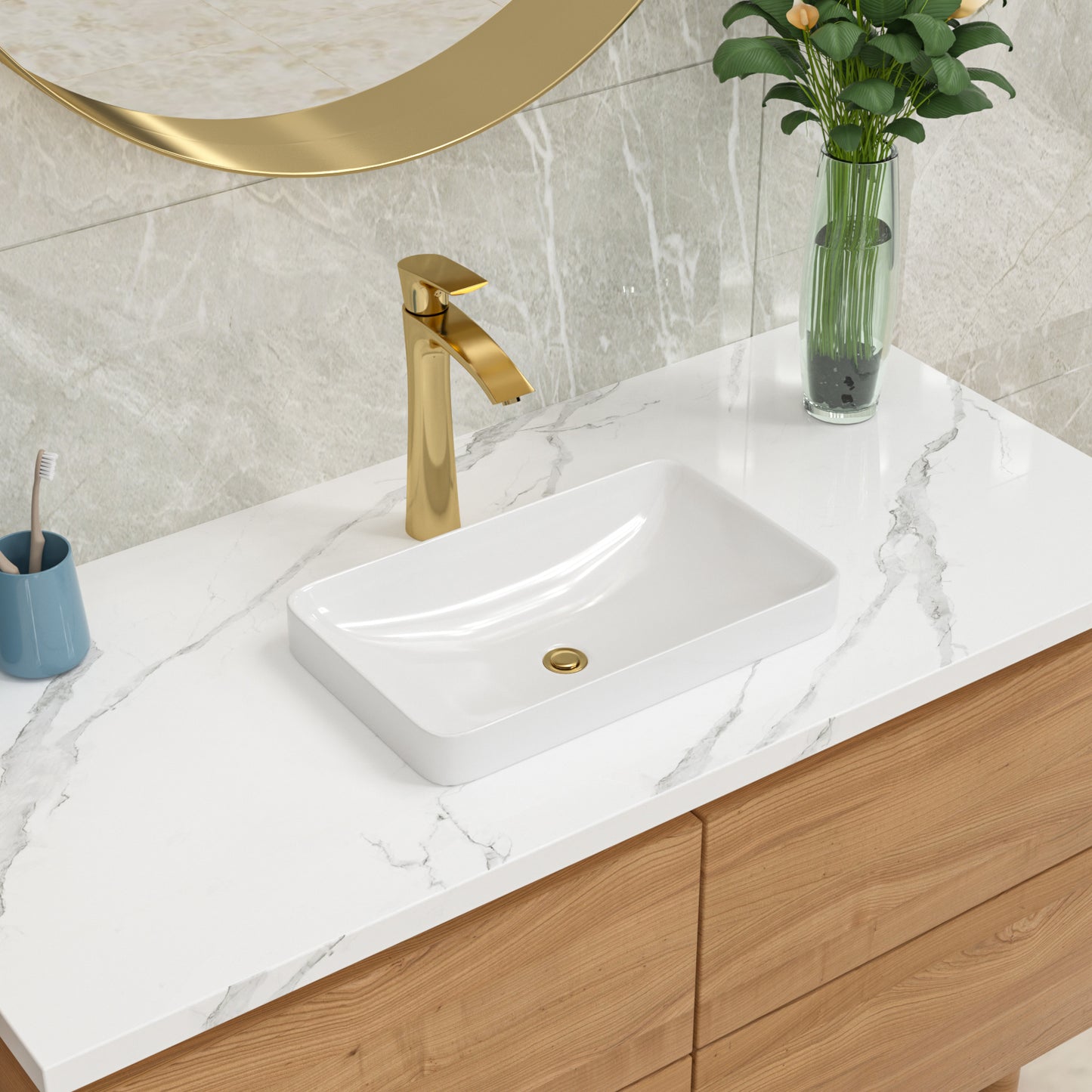 Lordear 19" x 12" White Ceramic Semi Recessed Rectangular Bathroom Sink Bathroom Sink from Lordear