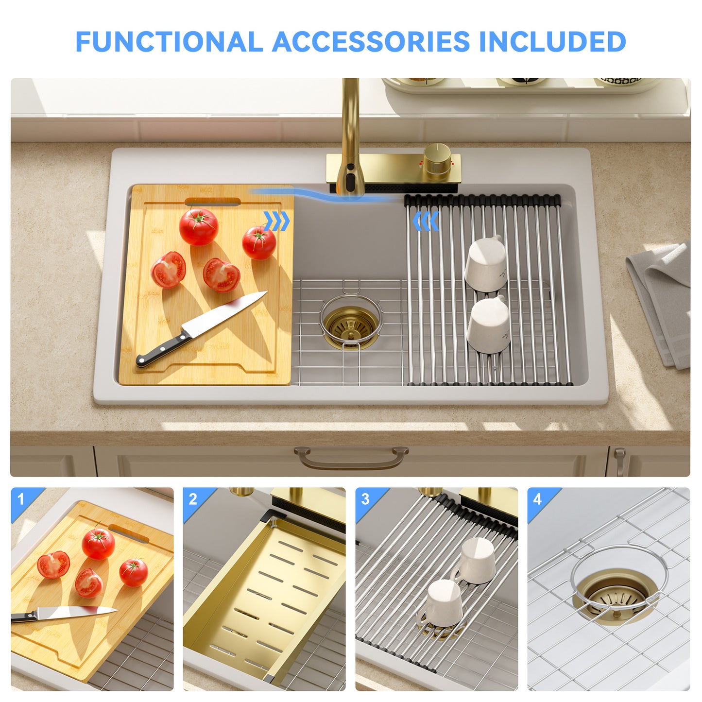 Lordear 33" × 22" Quartz Drop-in Waterfall Single Bowl Workstation Kitchen Sink from Lordear
