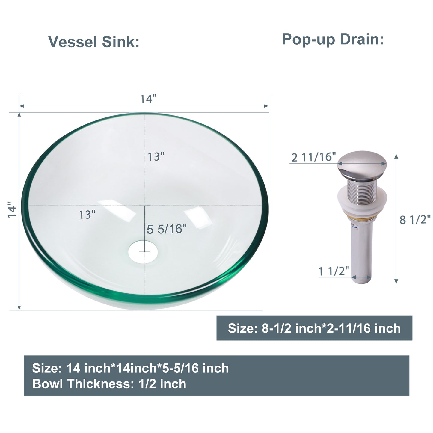 Lordear 14" x 14" Clear Tempered Glass Vessel Bathroom Sink with Pop-up Drain from Lordear