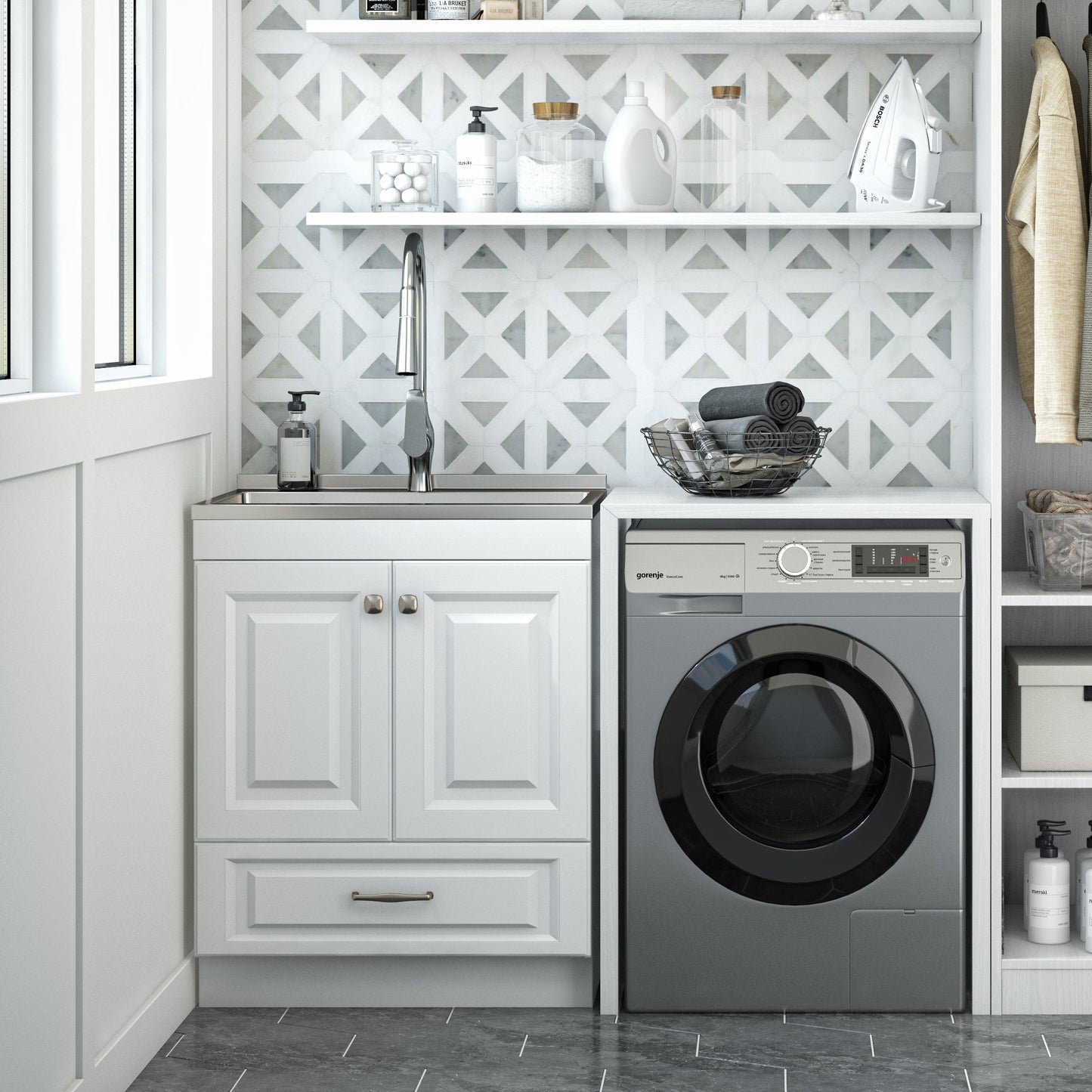 28-inch All-in-One Utility Stainless Steel Sink & Pure White Laundry Cabinet With Brushed Nickel Faucet from Lordear