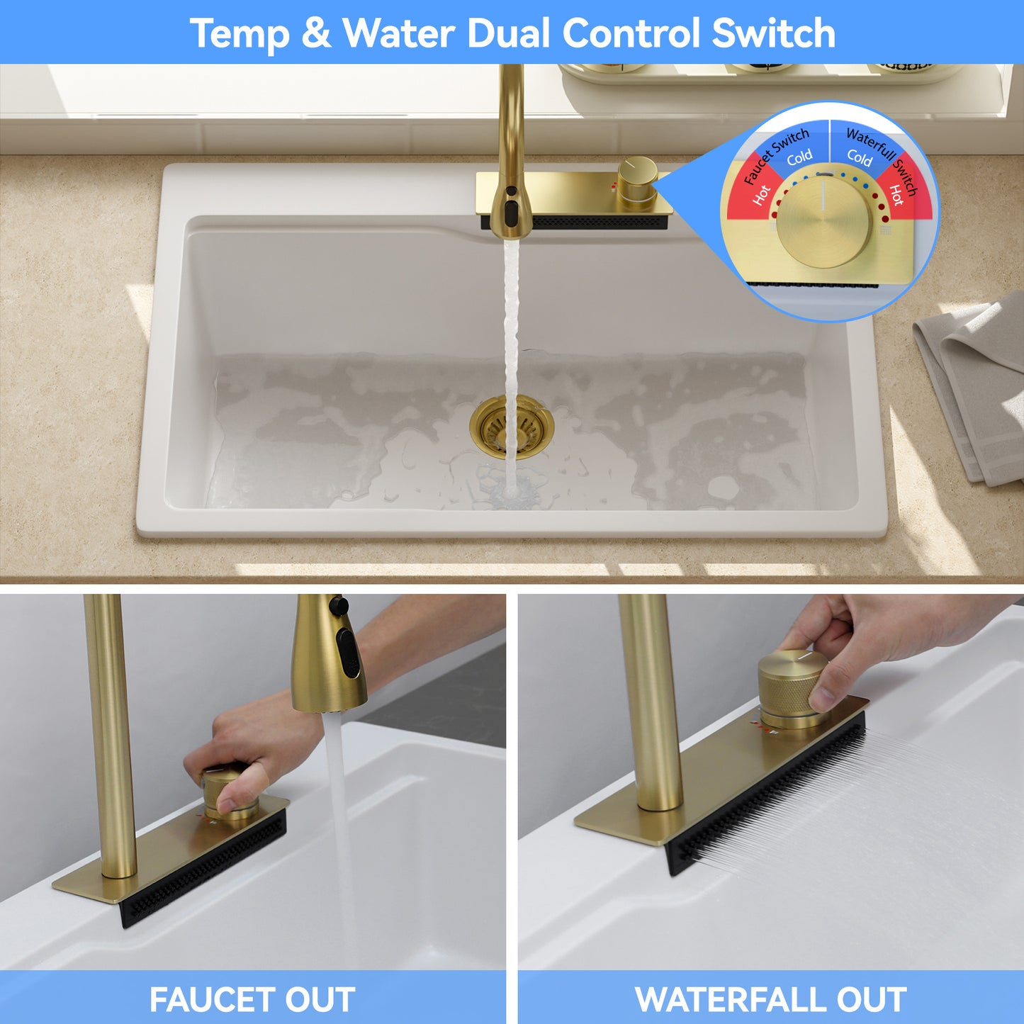 Lordear 33" × 22" Quartz Drop-in Waterfall Single Bowl Workstation Kitchen Sink from Lordear