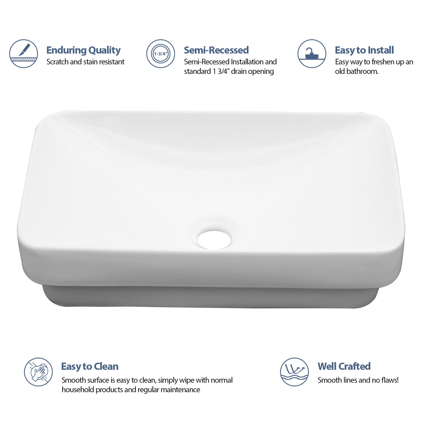 Lordear 19" x 12" White Ceramic Semi Recessed Rectangular Bathroom Sink Bathroom Sink from Lordear