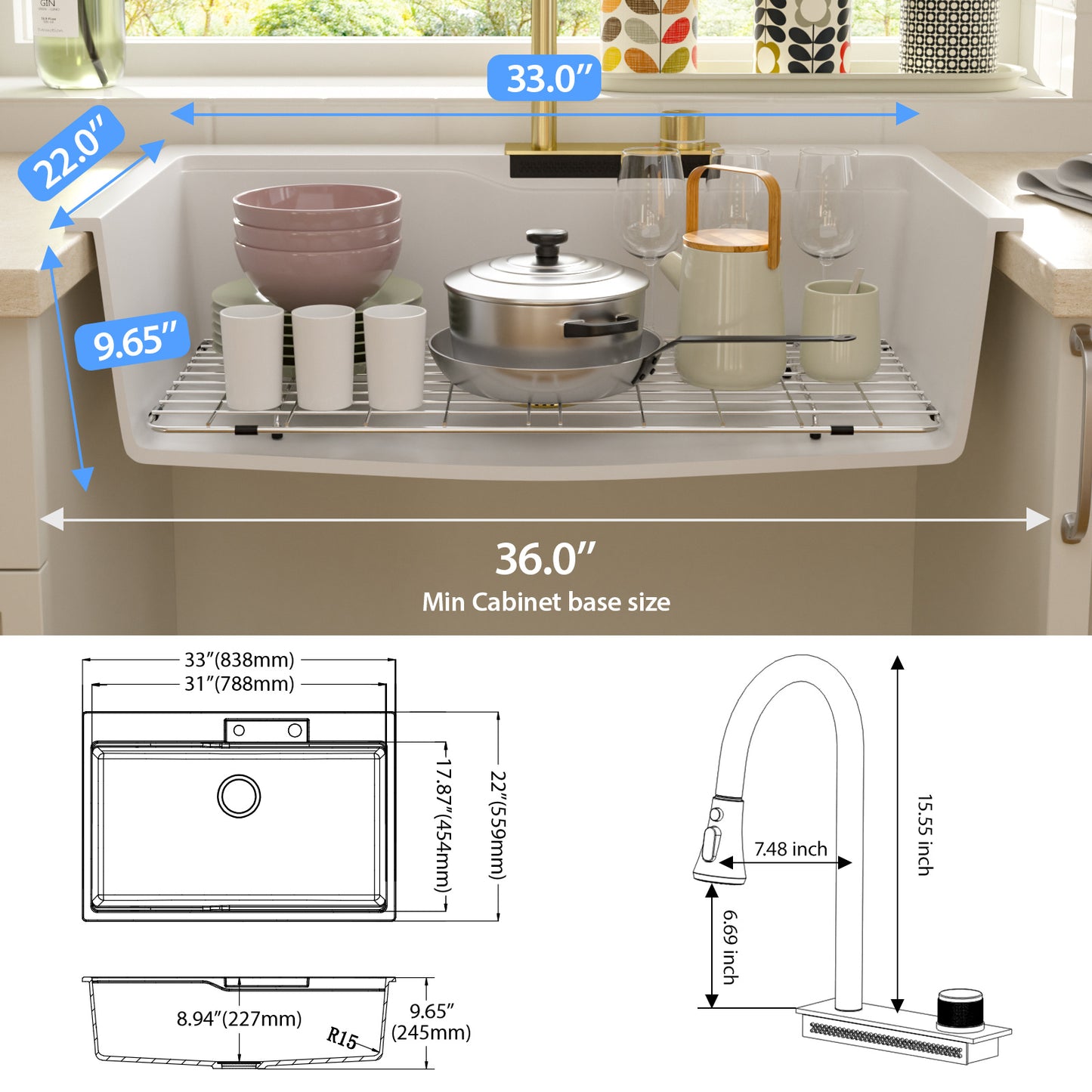 Lordear 33" × 22" Quartz Drop-in Waterfall Single Bowl Workstation Kitchen Sink from Lordear