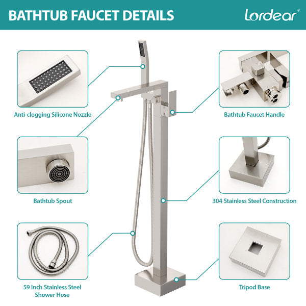 Lordear Freestanding Bathtub Faucet Floor Tub Spout with Diverter Filler Floor Mount Brass Bathroom Faucets with Hand Shower from Lordear