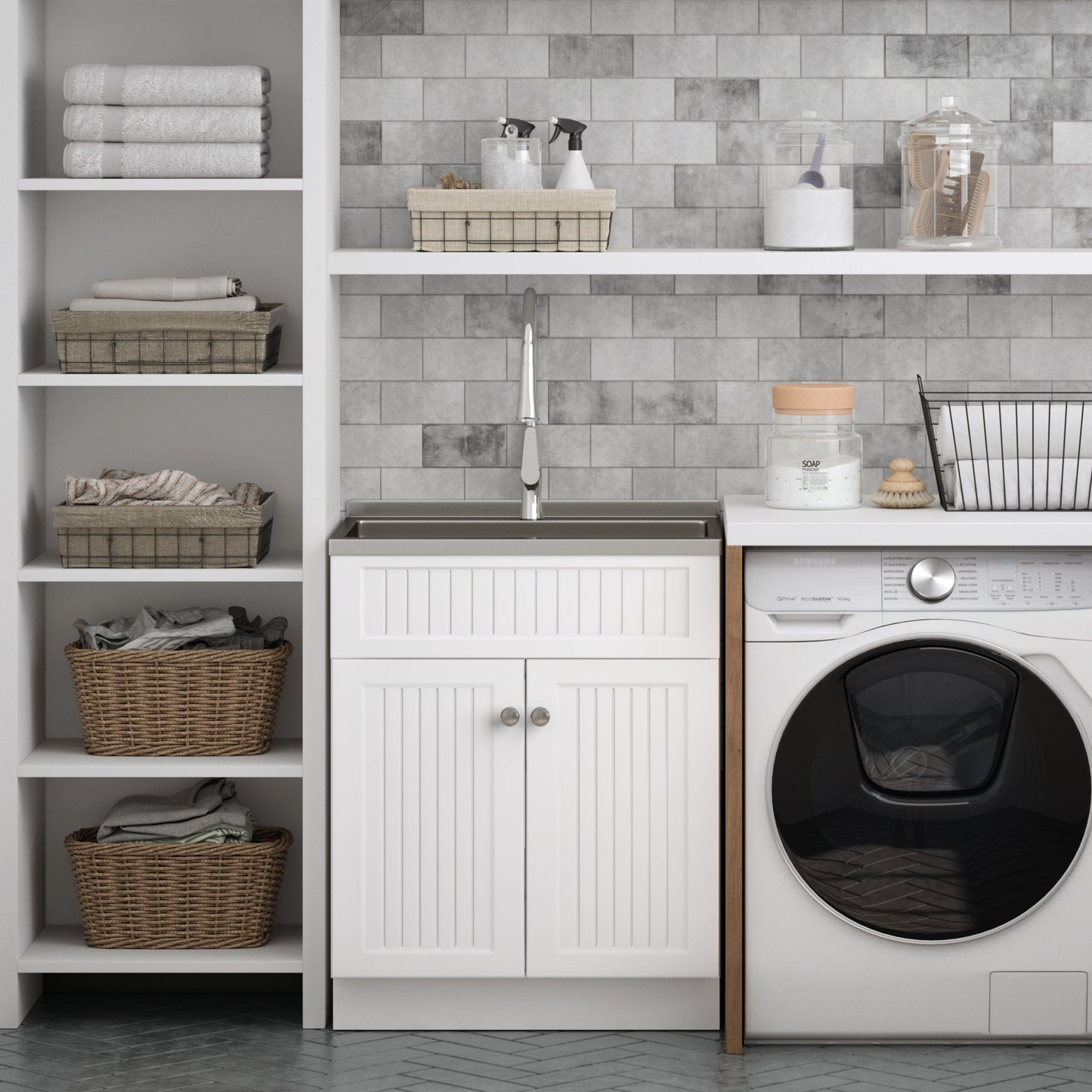 28in Stainless Steel White Laundry Cabinet with Faucet and Sink from Lordear