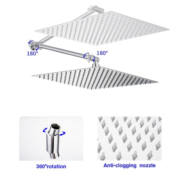 Shower System 12in Square Stainless Steel Rain Fixed Shower Head with Arm-Chrome from Lordear