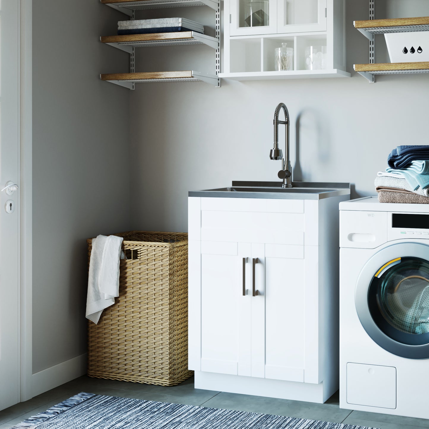 24-inch All-in-One Utility Stainless Steel Sink & Pure White Laundry Cabinet with Chrome Faucet from Lordear