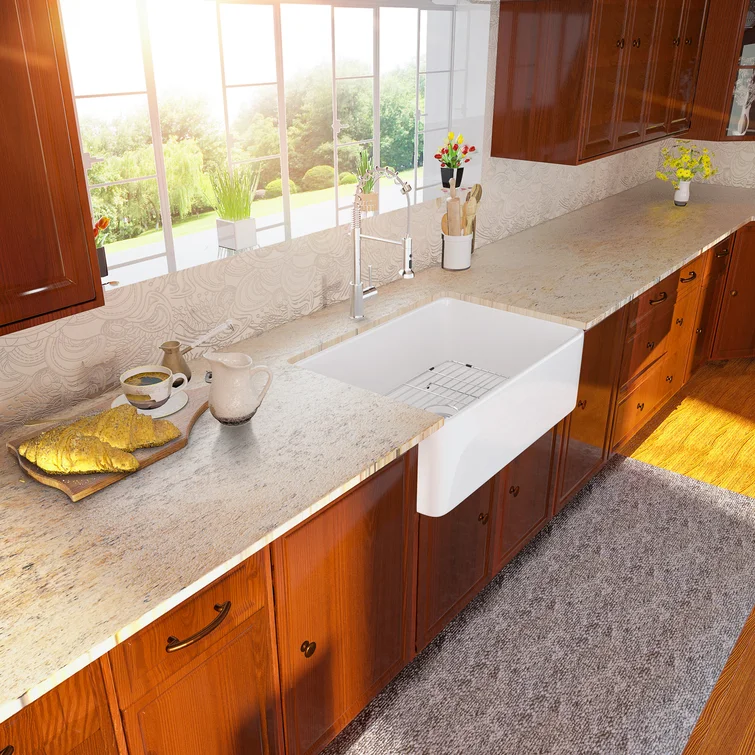 Lordear 33" W x 20" D Ceramic Apron Front Farmhouse Kitchen Sink Single Bowl with Grid Strainer from Lordear