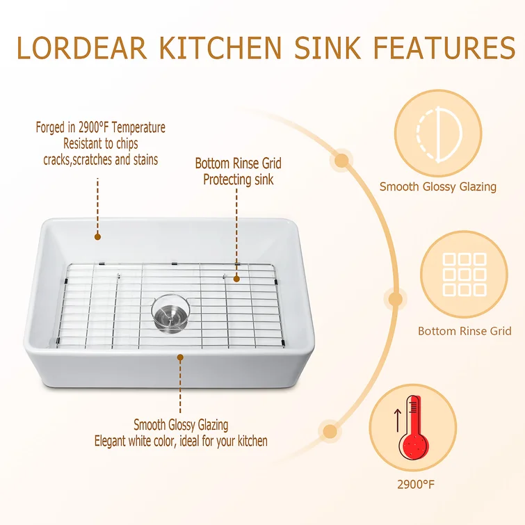 Lordear 33" W x 20" D Ceramic Apron Front Farmhouse Kitchen Sink Single Bowl with Grid Strainer from Lordear