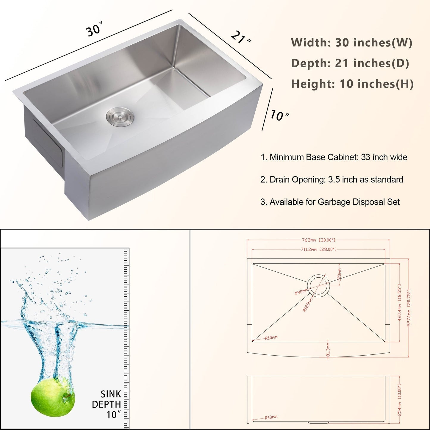 Lordear 30" x 21" Stainless Steel Single Bowl Apron Front Farmhouse Kitchen Sink from Lordear