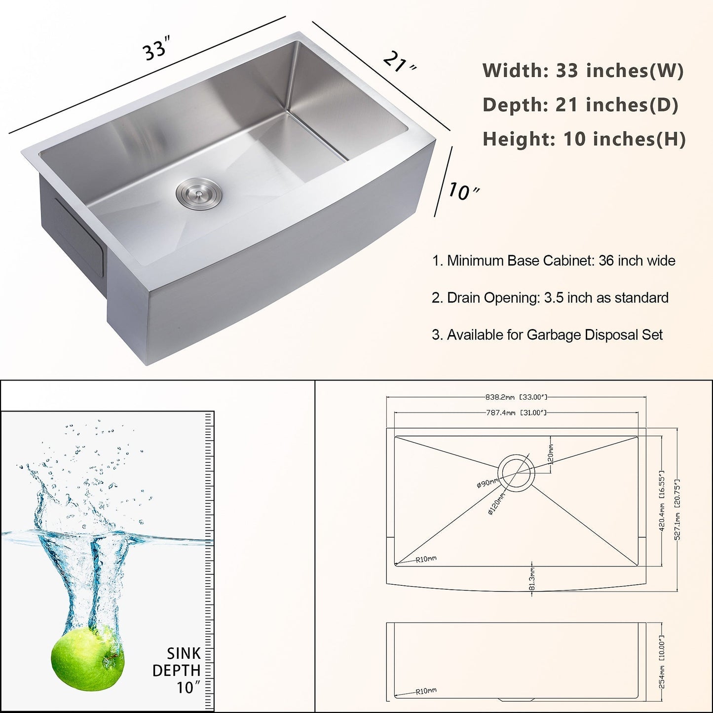 Lordear 33" x 21" Stainless Steel Single Bowl Apron Front Farmhouse Kitchen Sink from Lordear