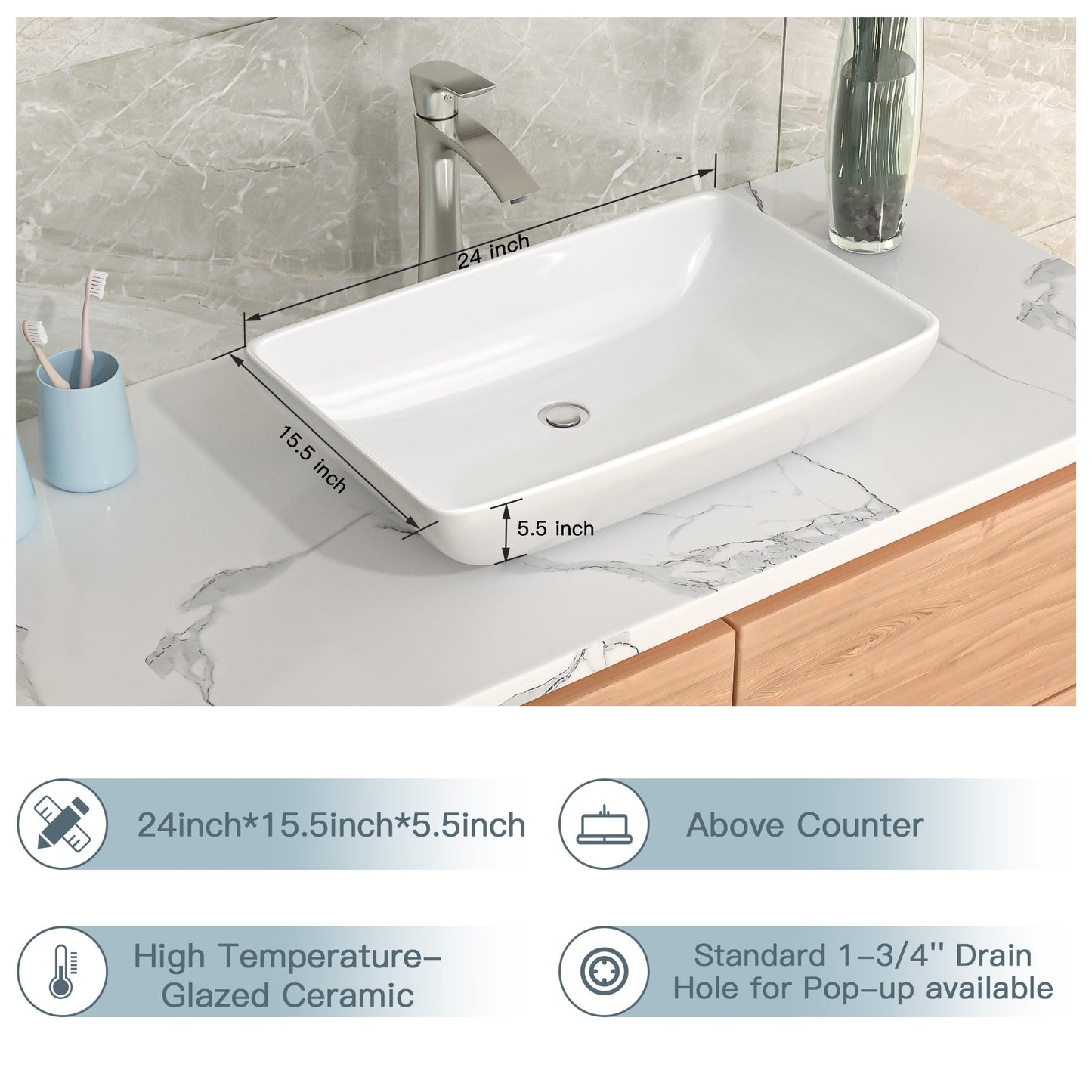 Lordear 24" x 16" White Ceramic Rectangular Vessel Bathroom Sink from Lordear