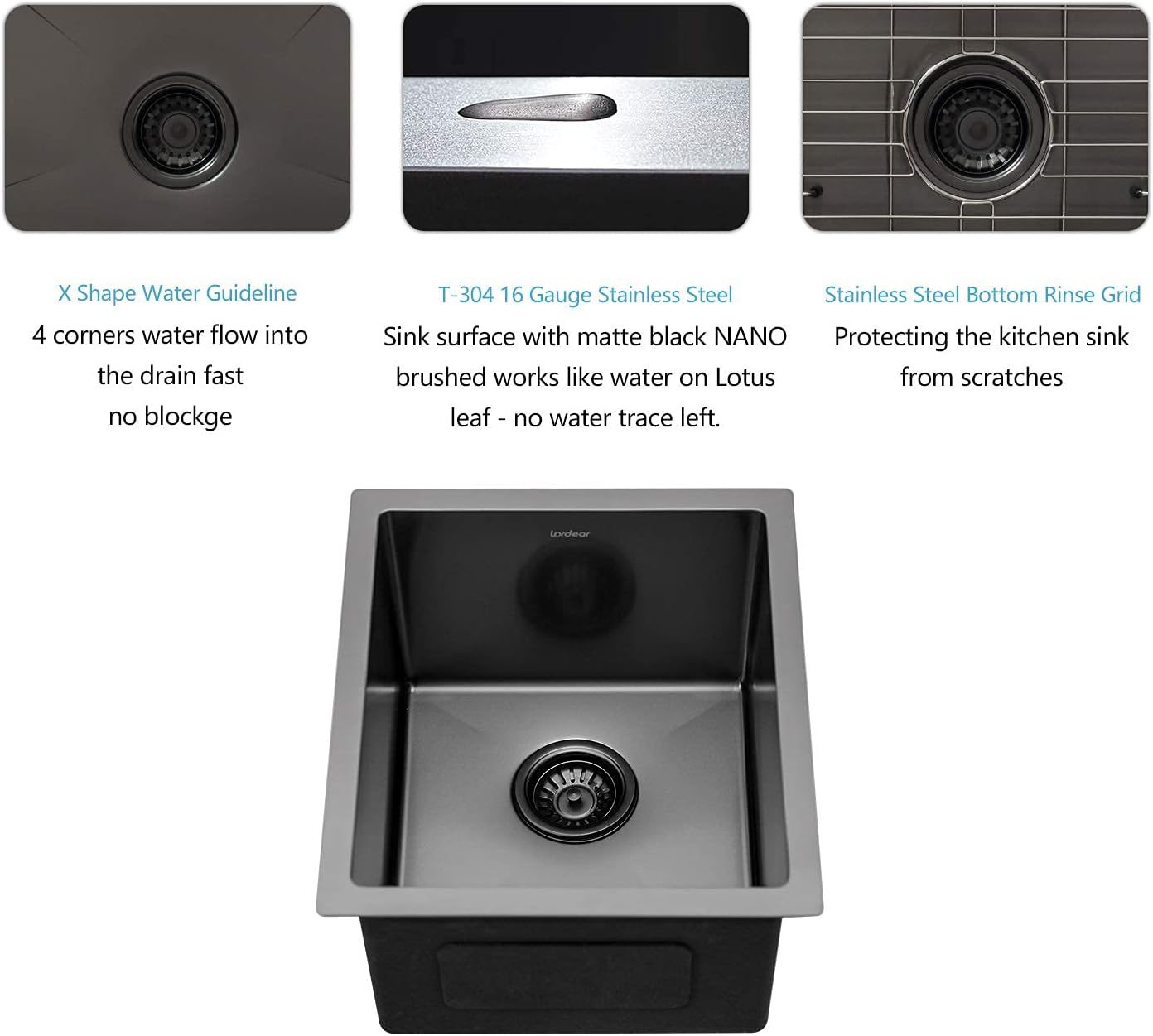 Lordear 15"x17" Stainless Steel Undermount Gunmetal Black Single Bowl Bar Sink  from Lordear