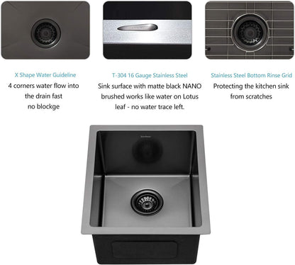 Lordear 15"x17" Stainless Steel Undermount Gunmetal Black Single Bowl Bar Sink  from Lordear