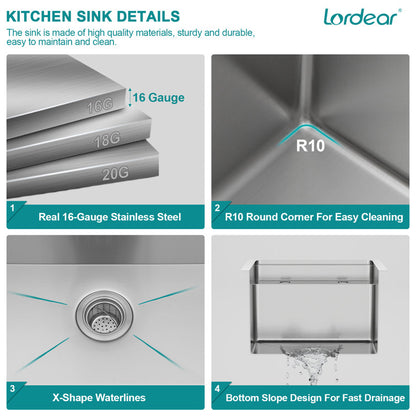 Lordear 15" x 17" Stainless Steel Undermount Single Bowl Workstation Kitchen Sink  from Lordear