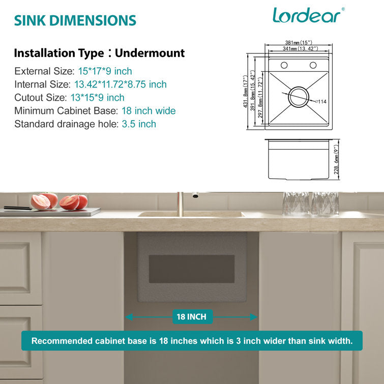 Lordear 15" x 17" Stainless Steel Undermount Single Bowl Workstation Kitchen Sink  from Lordear