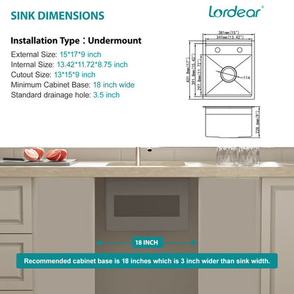 Lordear 15" x 17" Stainless Steel Undermount Single Bowl Workstation Kitchen Sink  from Lordear