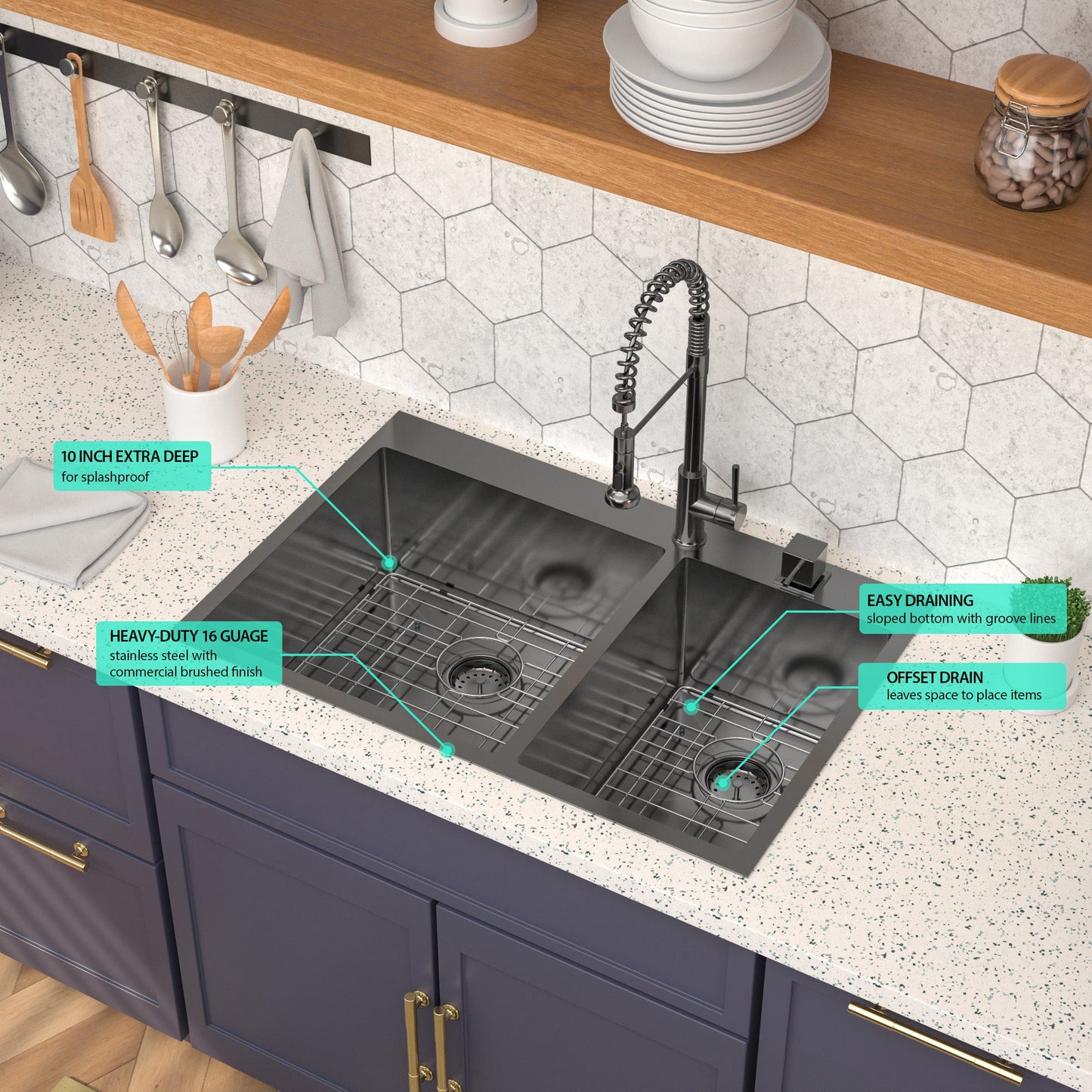 Lordear 33" Stainless Steel Gunmetal Black Double Bowl Drop-in Kitchen Sink  from Lordear