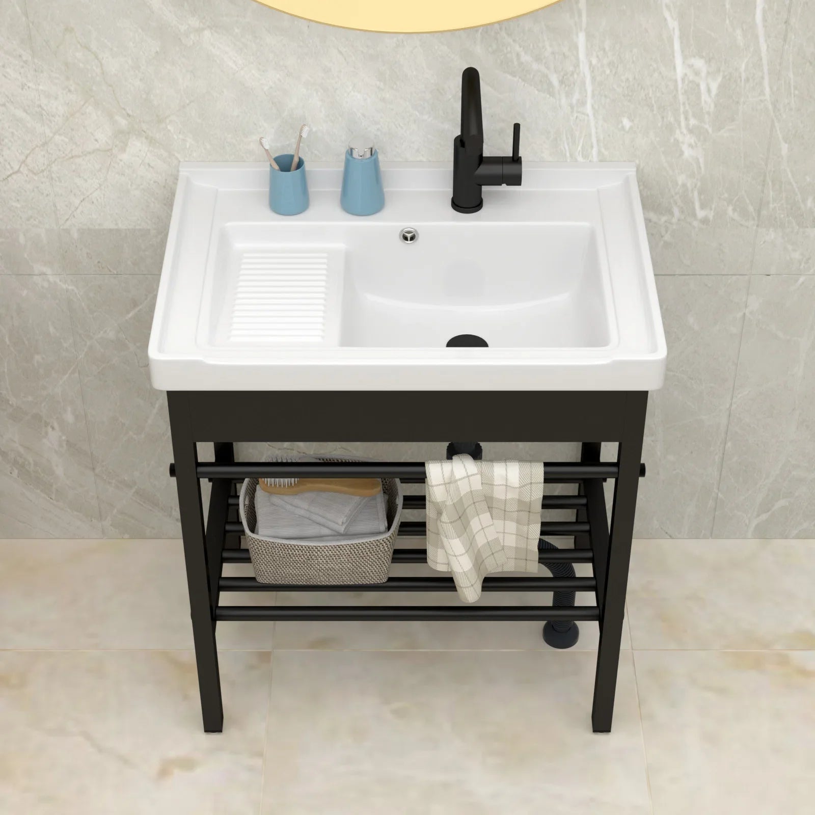 28in White Ceramic Console Laundry Sink Rectangular Bathroom Sink with Integrated Washboard Stainless Pedestal Ledge Vessel Sink  from Lordear