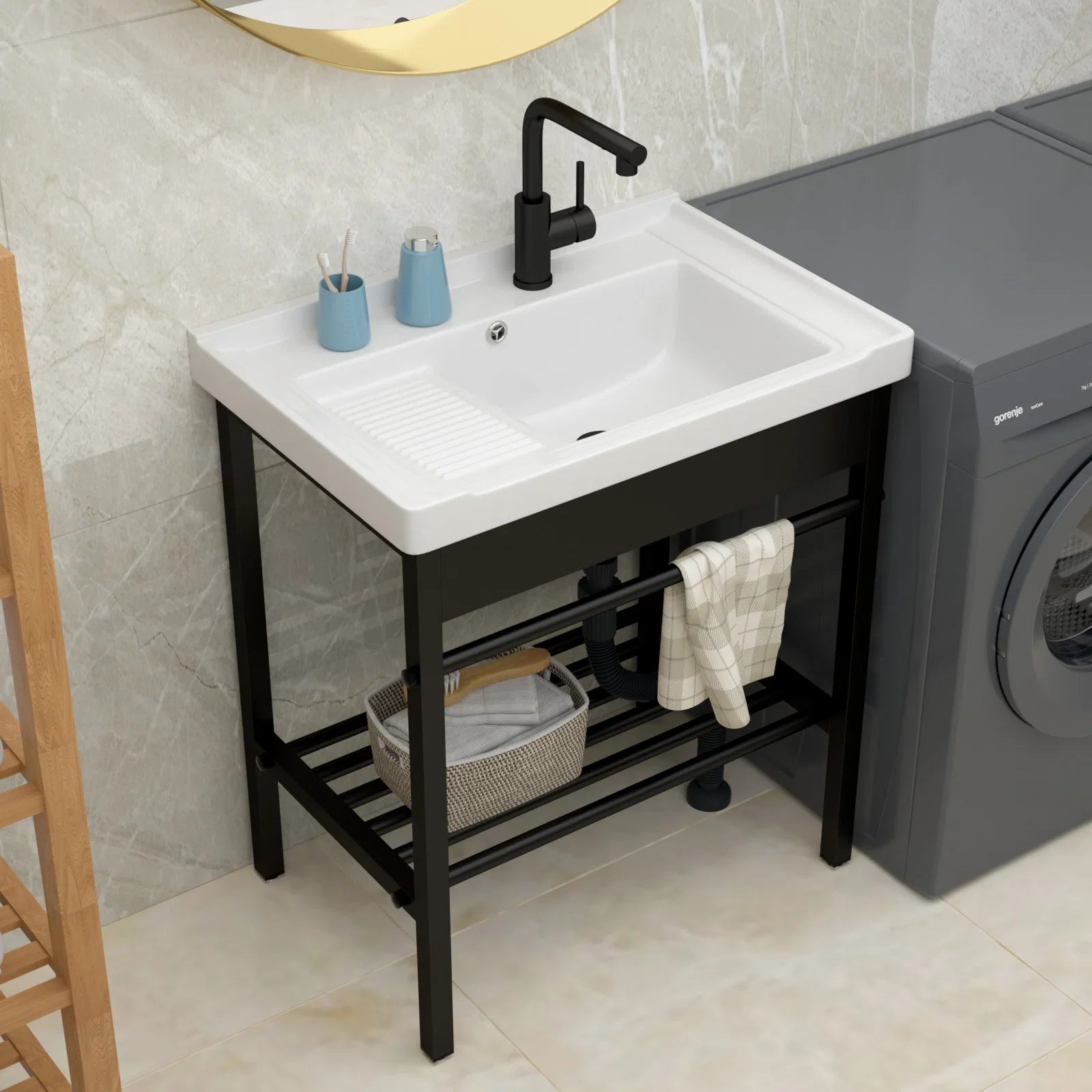 28in White Ceramic Console Laundry Sink Rectangular Bathroom Sink with Integrated Washboard Stainless Pedestal Ledge Vessel Sink  from Lordear