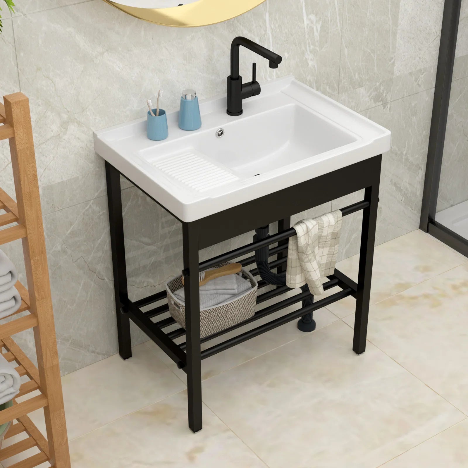 28in White Ceramic Console Laundry Sink Rectangular Bathroom Sink with Integrated Washboard Stainless Pedestal Ledge Vessel Sink  from Lordear