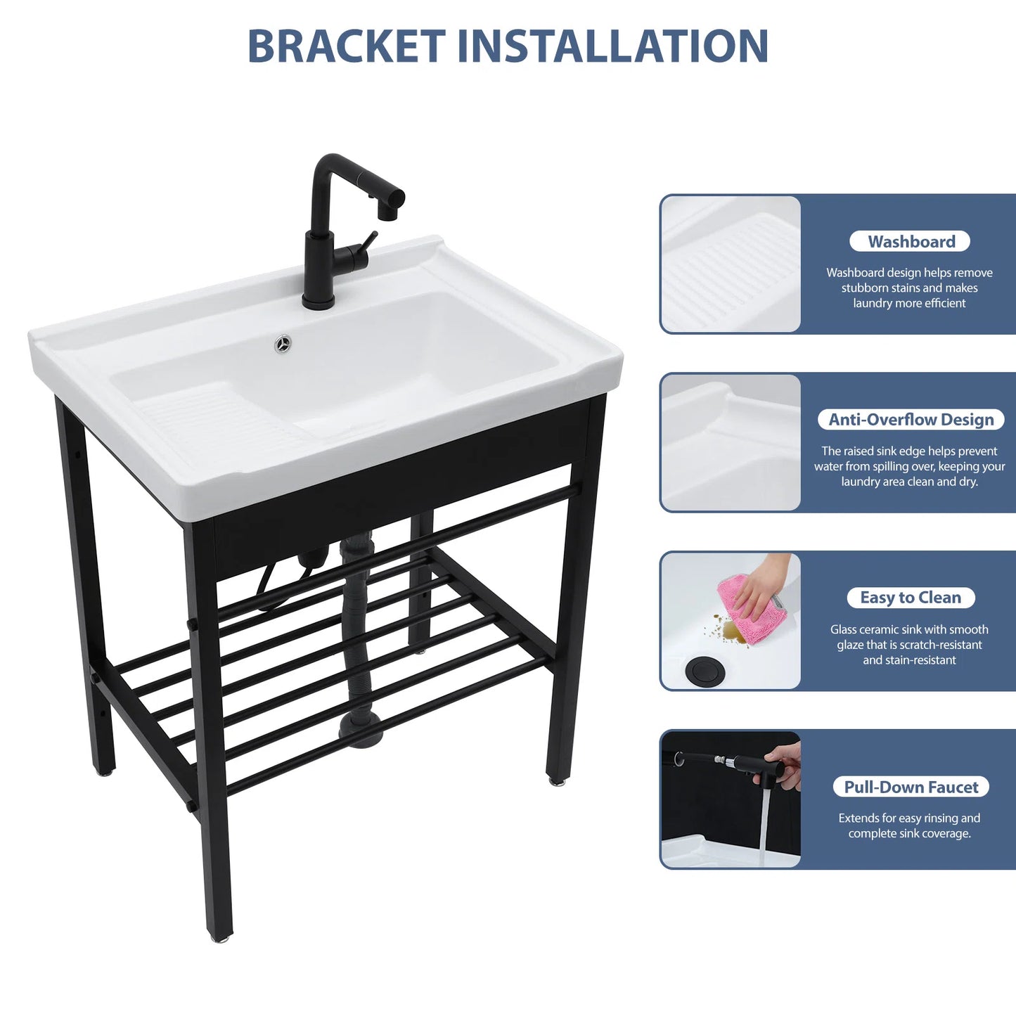 28in White Ceramic Console Laundry Sink Rectangular Bathroom Sink with Integrated Washboard Stainless Pedestal Ledge Vessel Sink  from Lordear
