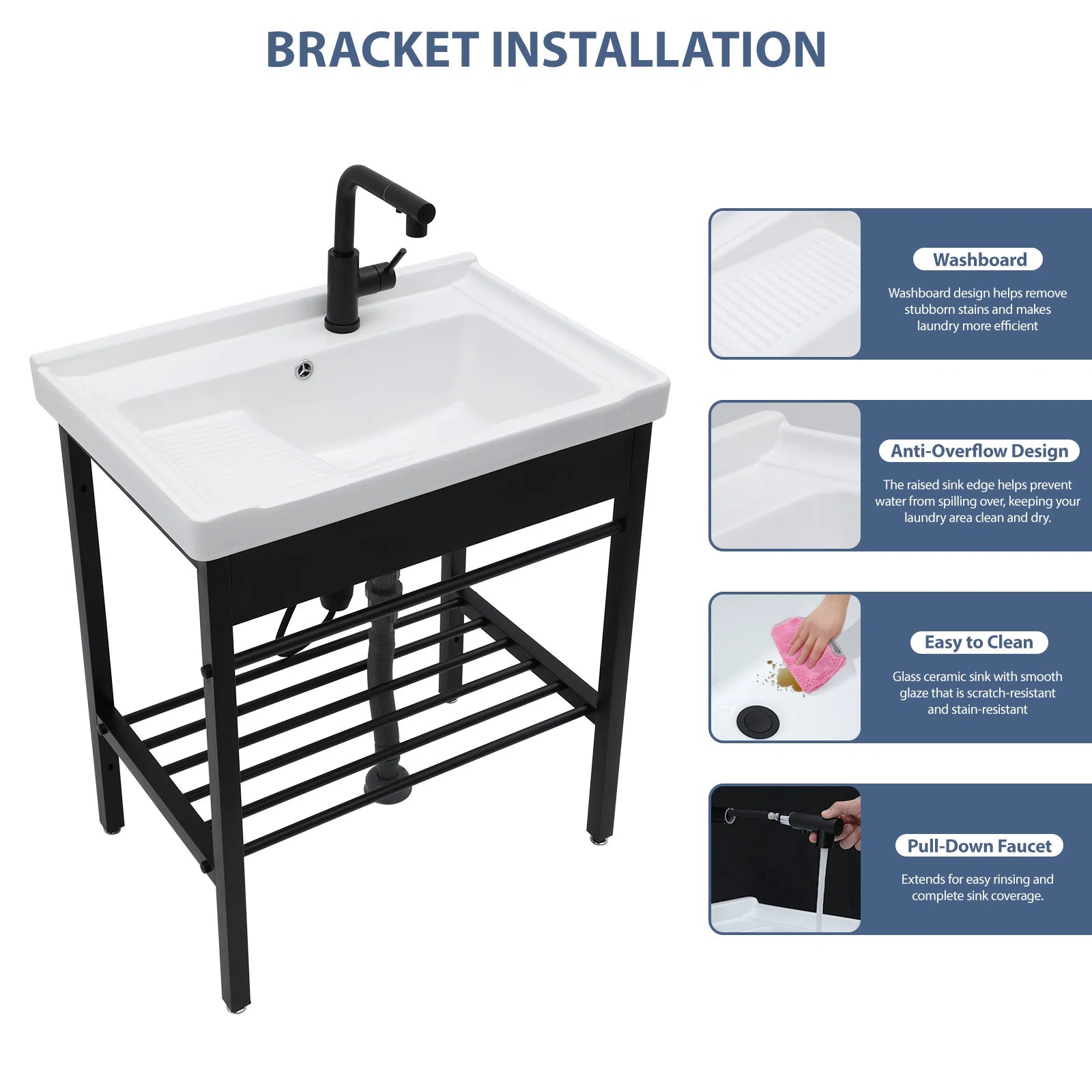 28in White Ceramic Console Laundry Sink Rectangular Bathroom Sink with Integrated Washboard Stainless Pedestal Ledge Vessel Sink  from Lordear