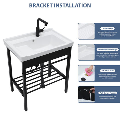 28in White Ceramic Console Laundry Sink Rectangular Bathroom Sink with Integrated Washboard Stainless Pedestal Ledge Vessel Sink  from Lordear